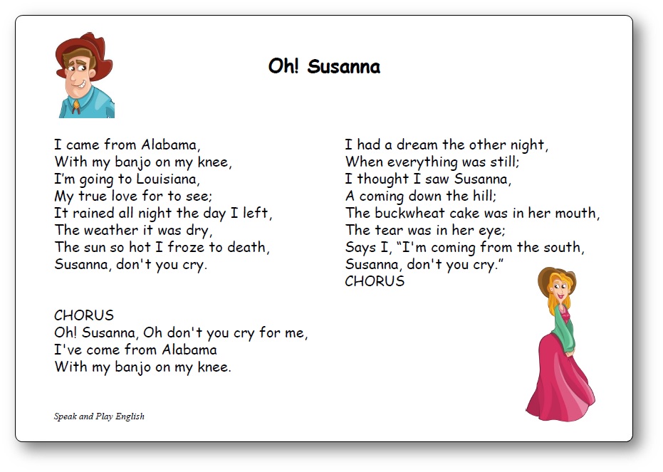 Oh! Susanna Version simplifiée, paroles oh susanna anglais