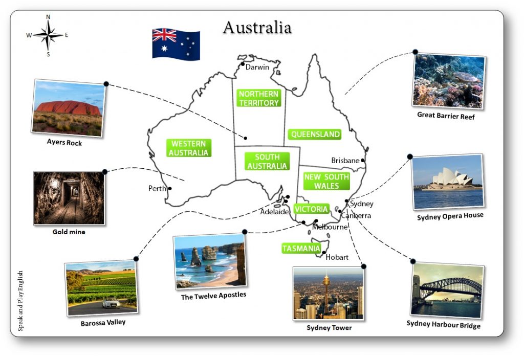 Carte de l'Australie illustrée, carte de l'Australie en anglais
