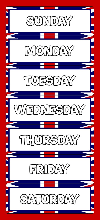 Affichage jours de la semaine drapeau anglais. Les jours de la semaine en anglais à imprimer