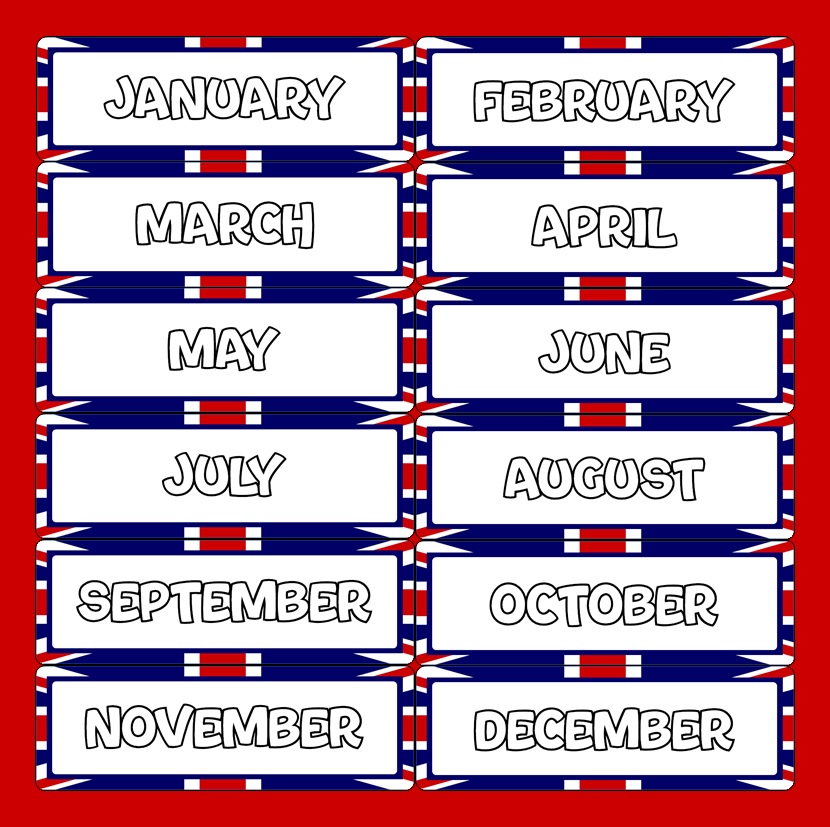 Affichage mois de l'année drapeau anglais, Les mois en anglais à imprimer.