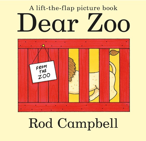 Image de la couverture de l’album jeunesse en anglais « Dear Zoo » écrit et illustré par Rod Campbell, montrant un lion dans une boîte de transport