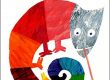Illustration de la couverture de l’album The Mixed-Up Chameleon d’Eric Carle avec un caméléon multicolore