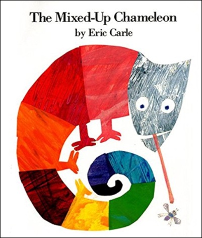 Illustration de la couverture de l’album The Mixed-Up Chameleon d’Eric Carle avec un caméléon multicolore